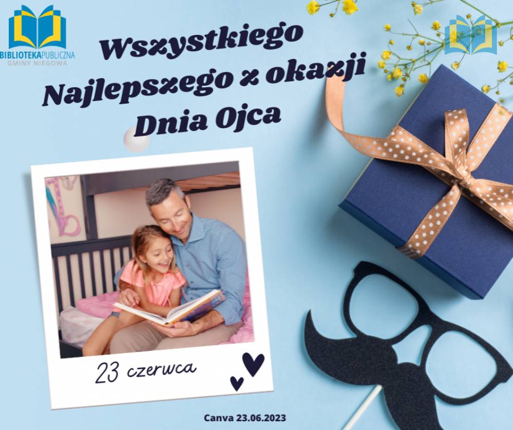 Zdjęcie: Na niebieskim tle fotografia mężczyzny czytającego dziewczynce książkę. U góry napis: wszystkiego najlepszego z okazji dnia ojca. Po prawej stronie zapakowany prezent i okulary z wąsami.